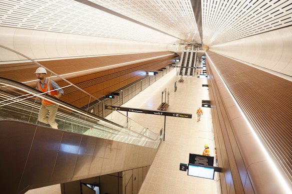 The space-age like Victoria Cross  station beneath North Sydney is the deepest on the new rail line.