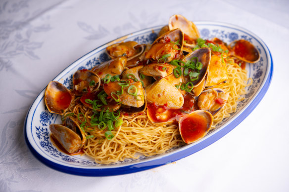 XO pipis in a fruity chilli sauce with egg noodles.