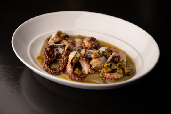 Wood-fired grilled baby octopus, burnt zucchini vinaigrette. 