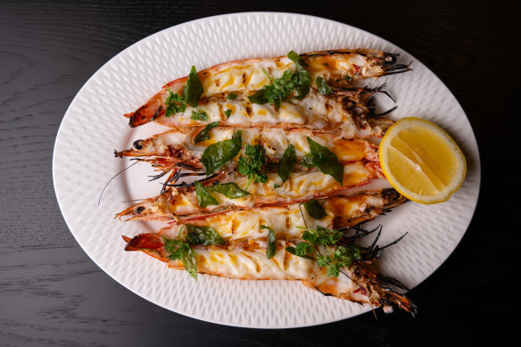 The go-to dish: King prawns with bisque butter and curry leaf at Marcel Bar and Bistro. 