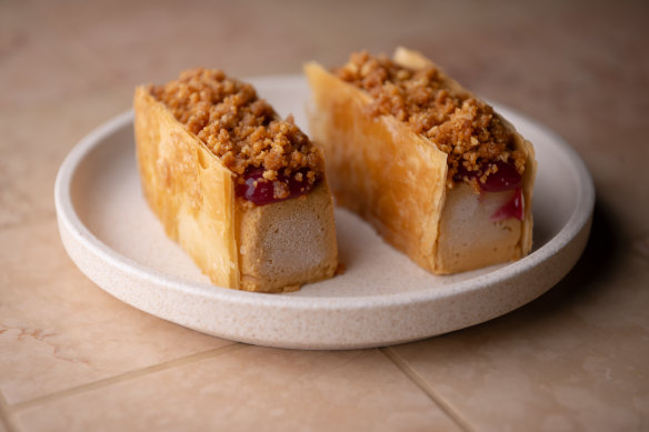 Peanut butter parfait, spiked with Davidson plum jam and sandwiched in filo pastry.