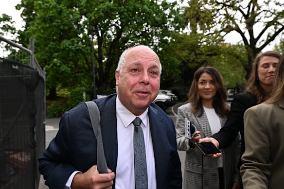 Treasurer Tim Pallas arrives at parliament for today’s caucus meeting.