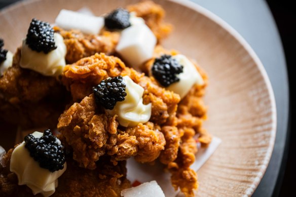 Bite-sized chicken with caviar was inspired by the chef’s four-year-old daughter.