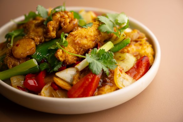 Turmeric chicken, water chestnuts, lemon grass and chilli. 
