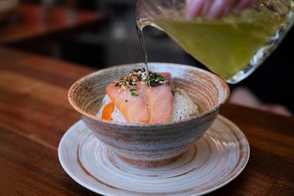 Japanese sencha is poured over an ochazuke-style tea rice. 