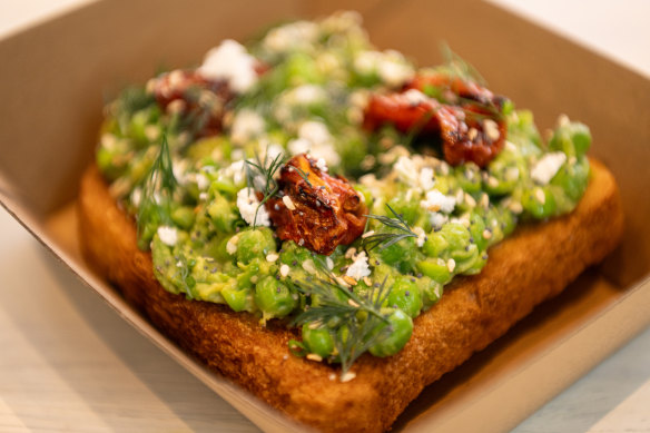 Pea and avocado crostini.