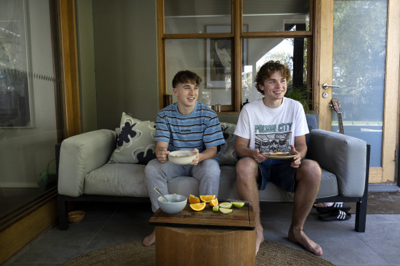 Brothers Jude and Nate Roberts enjoying a healthy breakfast at their home.