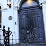 The scorched door of the East Melbourne Synagogue after it was set alight on Friday evening.