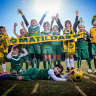 Young players from the East Bentleigh soccer club are barracking for the Matildas.