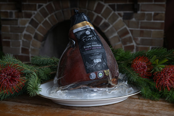 Coles Finest Free Range Triple Smoked Half Leg Ham. 