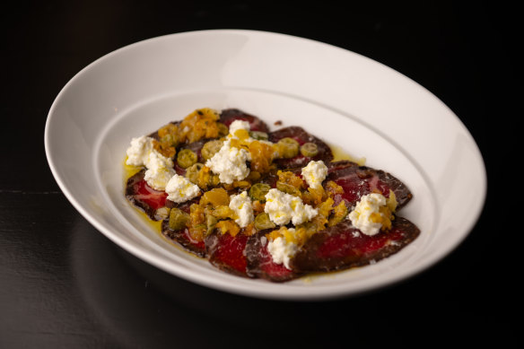 Blackmore wagyu basturma, pickled cucamelons, ricotta.