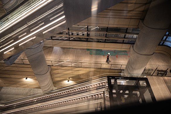 Escalators in the main atrium of the new underground metro station at Martin Place in Sydney’s CBD.