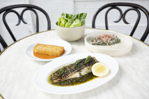 Charcoal barramundi, duck fat potato terrine, cos salad and green beans.