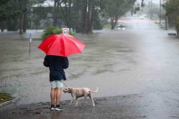 A flooded street in Newmarket, in Brisbane’s inner north.