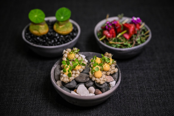 Seaweed cracker, fish and chips and ox tongue.