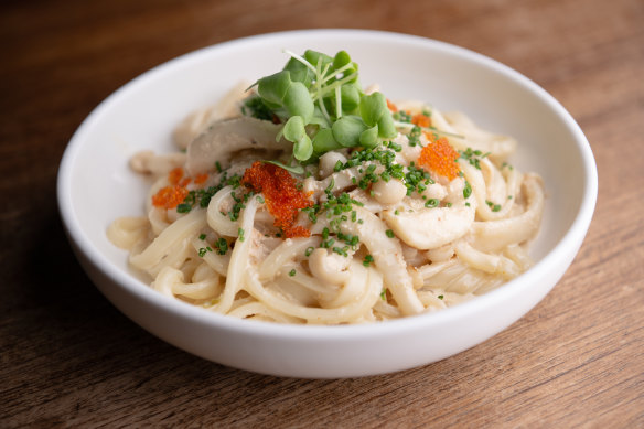 Mentaiko udon with cod roe, shimeji mushrooms and cream.