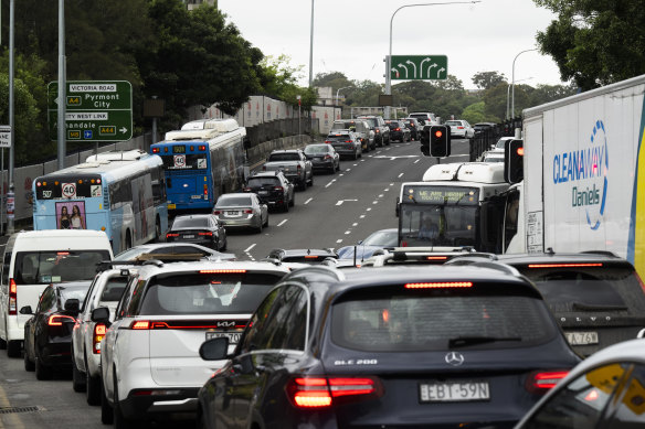 Traffic at the Rozelle Interchange on its second day of operation.