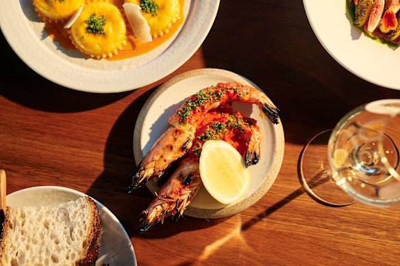 Yamba prawns with salsa rosso.