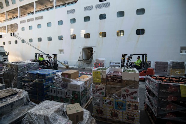 Fresh produce is loaded on to a cruise ship at Circular Quay, Sydney.  