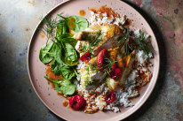 Mozzarella and olive stuffed chicken with dill, spinach and rice.