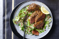 Jerk-spiced lamb with pickle rice salad and peas.