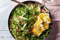 Rainbow chard and orzo salad with crispy feta.