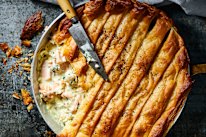 Quick fish and cauliflower skillet pie with horseradish. 