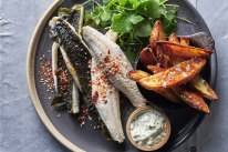 Japanese-style one-tray fish and chips with wasabi tartare.