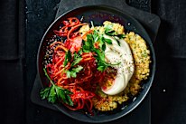 Crispy rice and herb fritters with mixed vegetable chilli kraut.