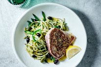 Nicoise pasta salad with seared tuna.
