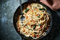 Crispy salmon and miso carbonara.