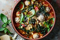 Minestrone pasta soup with pork and ricotta meatballs.