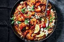 One-pan prawn saganaki with risoni.