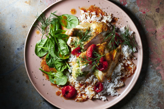 Mozzarella and olive stuffed chicken with dill, spinach and rice.