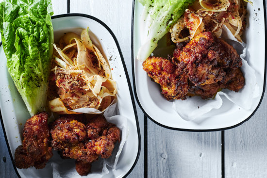 Korean fried chicken with kimchi.