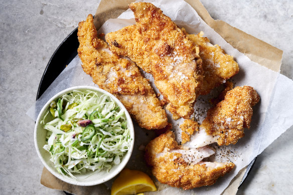 Buttermilk oven baked fish with green apple slaw.