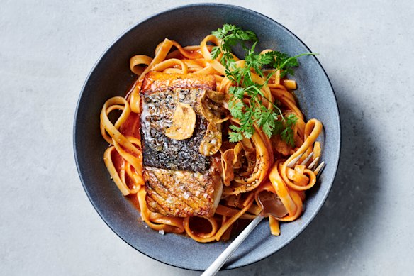 Barramundi with tomato butter pasta is a restaurant-quality dish you can make in 20 minutes.
