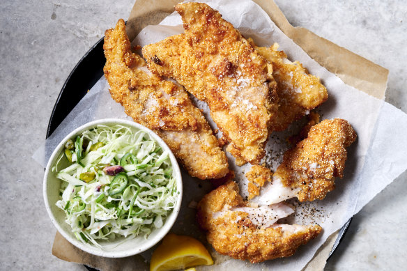 Oven-baked buttermilk snapper with green apple slaw.