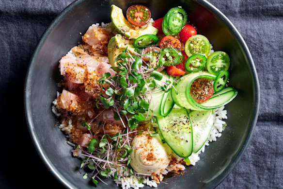 Mexican ceviche rice bowl. 