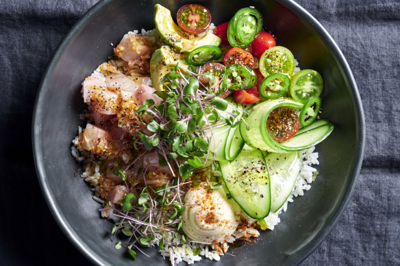 Mexican ceviche rice bowl. 