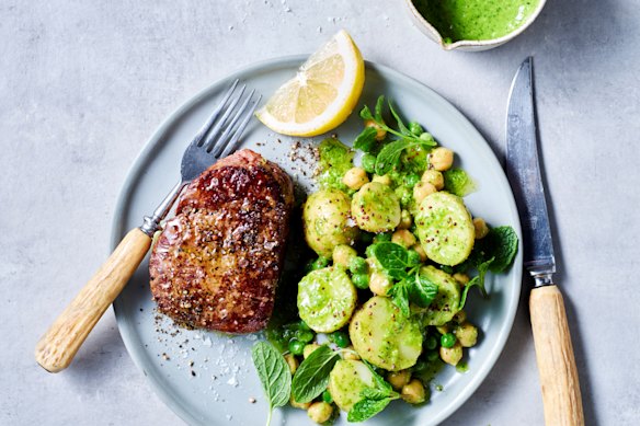Grilled steaks get a fresh summer twist with this zingy mint and chilli potato salad.