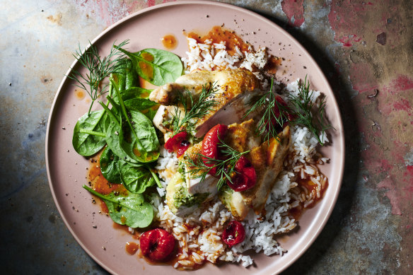 The cheesy herb-flecked stuffing helps keep the chicken moist as it roasts.