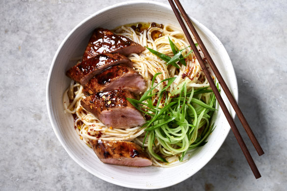 Spicy Sichuan pork with cold sesame noodles.