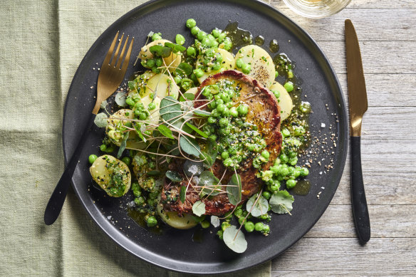 Minute steaks with buttery wasabi peas.