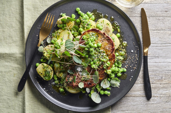 Minute steaks with buttery wasabi peas. 