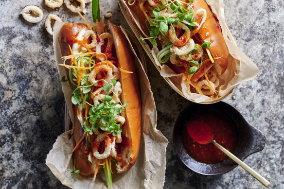 10-minute salt and pepper squid banh mi with sweet chilli pickle. 