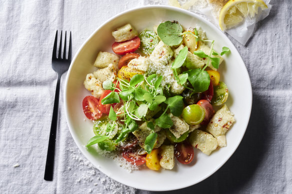 Ricotta and goat’s cheese gnudi with chilli, tomato and watercress. 