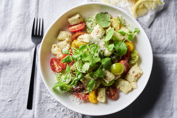 Ricotta and goat’s cheese gnudi with chilli, tomato and watercress.