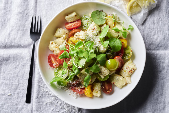Ricotta and goat’s cheese gnudi with chilli, tomato and watercress.