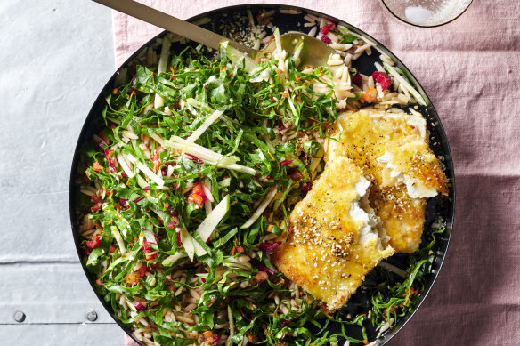 Rainbow chard and orzo salad with crispy feta.